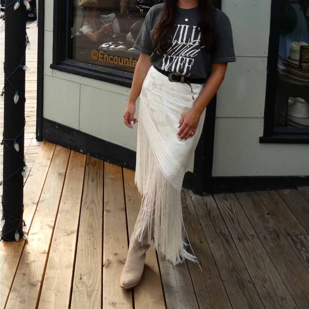 12th Tribe Cream Asymmetrical Fringe Midi Skirt - Picture 2 of 2